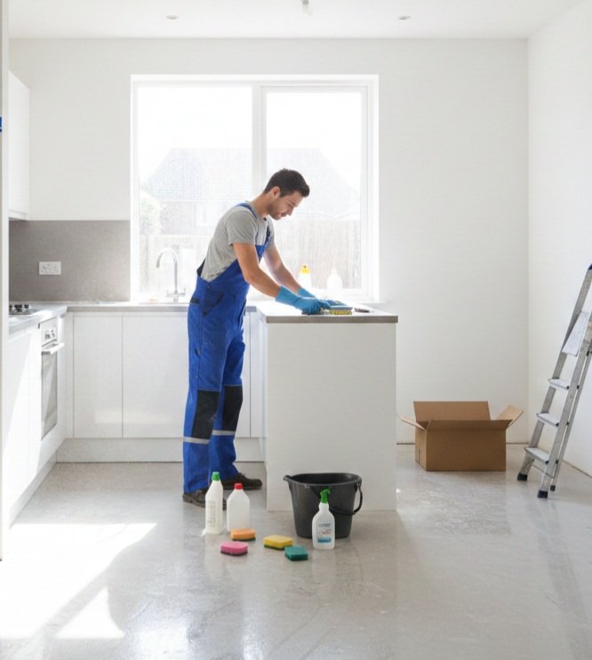 Professional bond cleaner performing end of lease kitchen cleaning in Sydney