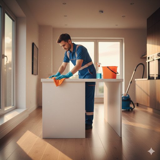 Bond cleaner cleaning kitchen island during end of lease clean in Brisbane